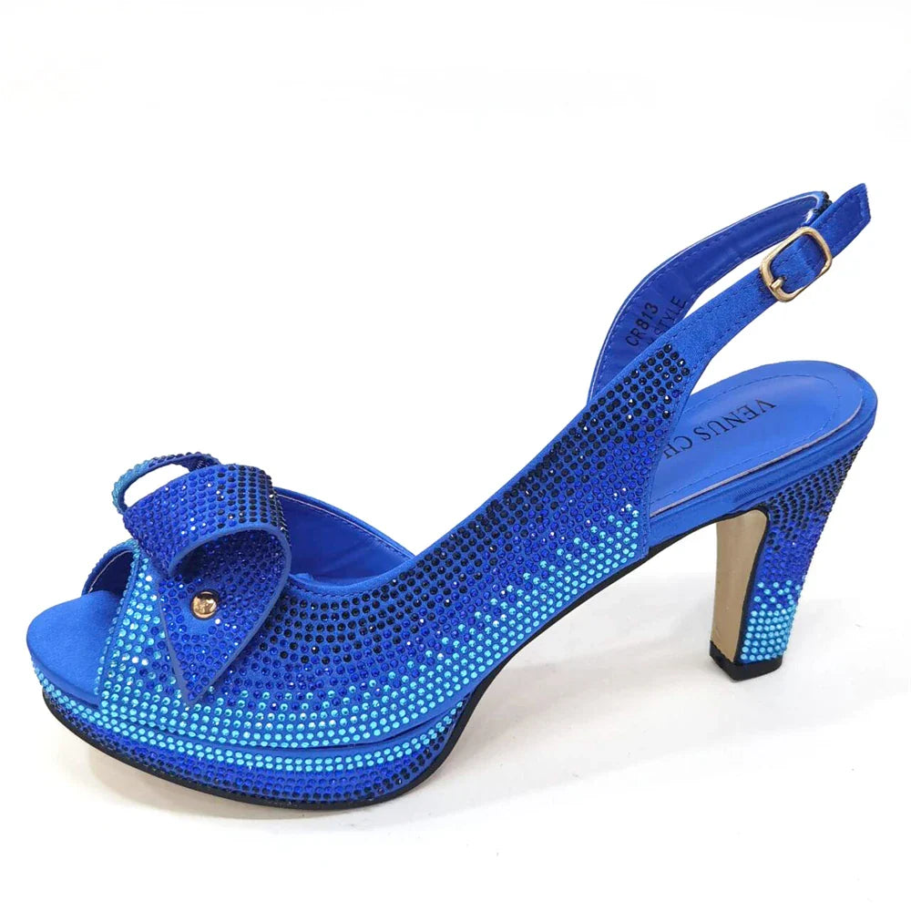 Newest INS Style Peach Color Rhinestone Elegant High Heels Nigeria Popular Design African Ladies Shoes And Bag Set