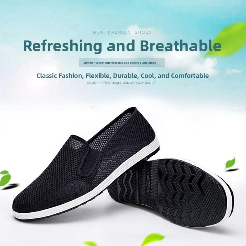 Men's Summer Soft Bottom Driving Shoes Breathable Mesh Slip-On Shoes Wear-Resistant Casual Old Beijing Style Rubber Sole