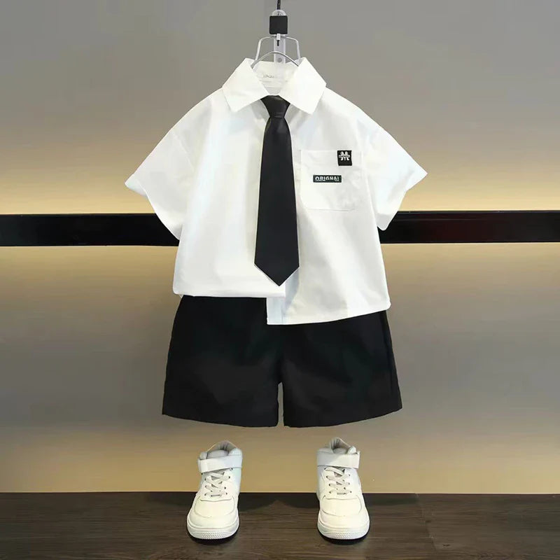 Boys Summer Formal Clothing Set 3PC Gentleman Outfit Short Sleeve Shirt Shorts with Tie for Toddler Kids Party School Daily Wear