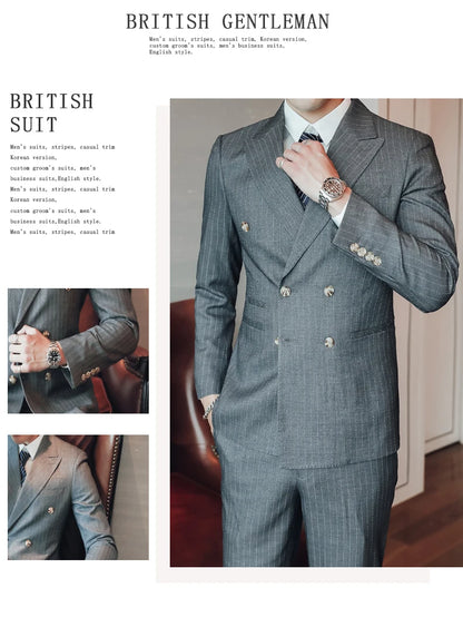 S-5XL ( Blazer + Pants ) Men's High-end Brand Formal Double Breasted Suit Gray 2 Piece Set Wedding Dress Plaid Suit Groom Party