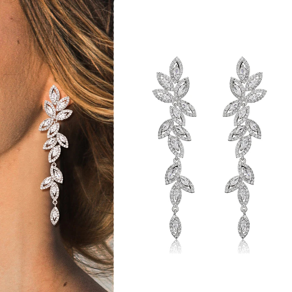Luxury Polish Best Selling Leaf CZ Long Drop Earrings for Women Elegant AAA Zircon Bridal Earring  Wedding Party Jewelry