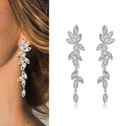 Luxury Polish Best Selling Leaf CZ Long Drop Earrings for Women Elegant AAA Zircon Bridal Earring  Wedding Party Jewelry