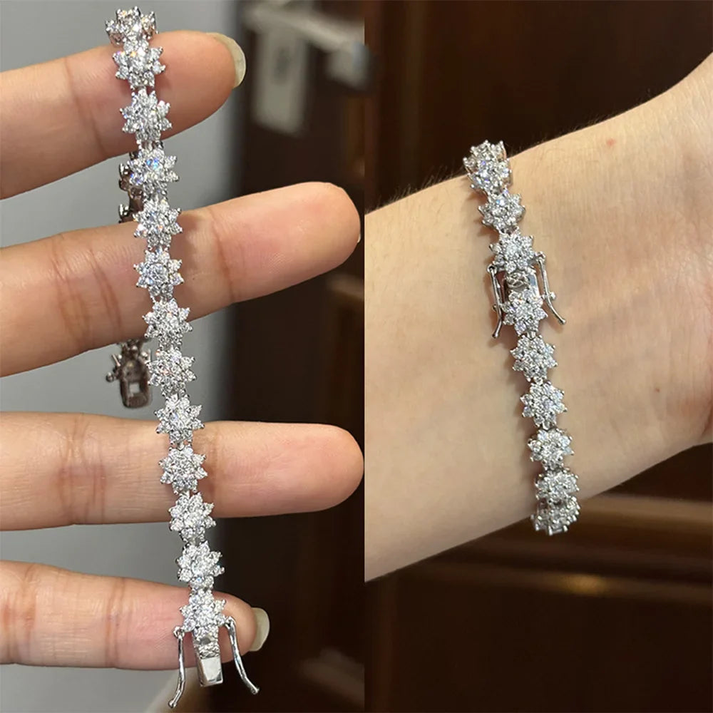Full Moissanite Tennis Bracelet For Woman S925 Silver Certified Lab Diamond Flower Shape Bracelet Party Fine Jewelry