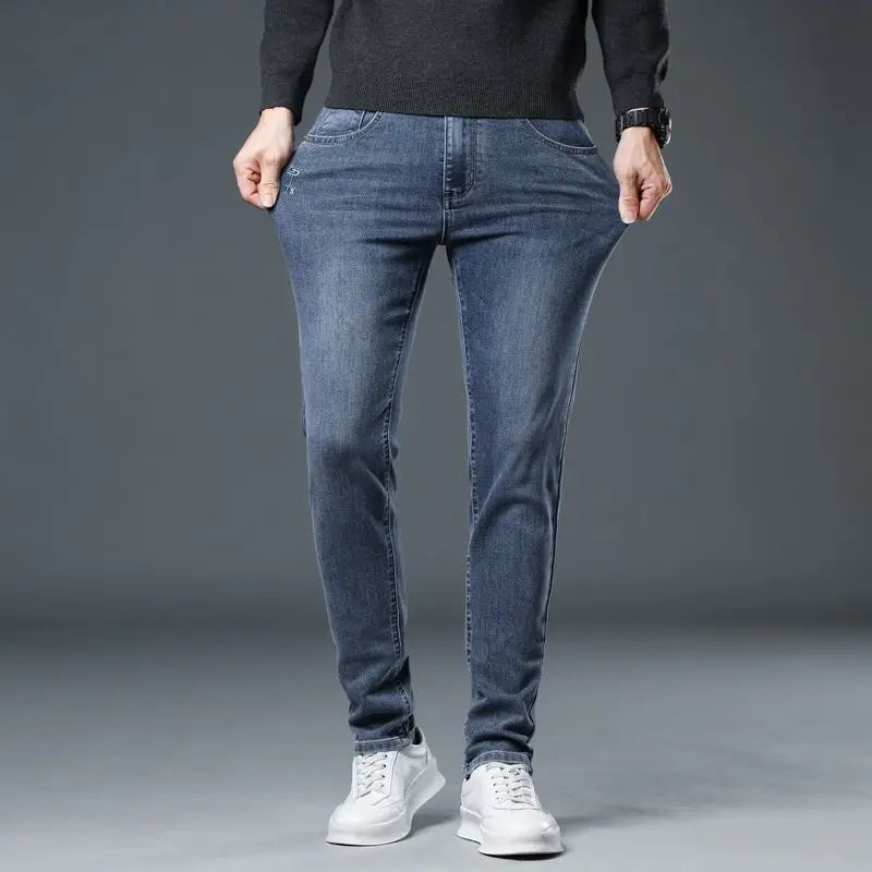New Autumn/winter 2025 Stretch Wash Jeans for Young Men with Small Straight Elastic WaistJeans Pants Fashion Men's Trousers