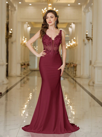 2025 Womens Mermaid Evening Dresses V-Neck Pearl Lace Appliques Straps Illusion Backless Prom Dress Train Wedding Bridal Vestido