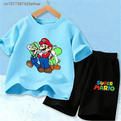 Cute Mario Pattern Children 2 Piece Suits Pure Cotton Short Sleeve Tee Tops + Fashion Shorts Summer Casual Daily Wear