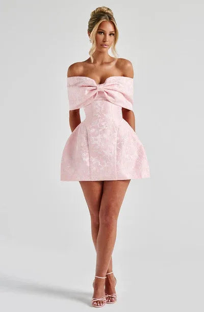 Fashionable And Sweet Slim Fit Jacquard Strapless Tie Bow One Shoulder Short Skirt American Sexy Temperament Solid Color Dresses