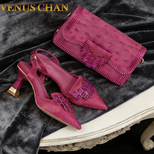 Fuchsia Rhinestone High Heel Shoes & Matching Bag Fashionable Pointed-Toe Footwear for Women - Perfect for Parties