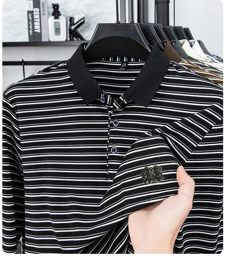 Men's Striped Long Sleeved T-shirt Polo Shirt Button Up Men's Stand Up Collar, Winter Double-sided German Velvet Base Shirt