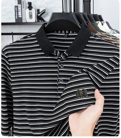 Men's Striped Long Sleeved T-shirt Polo Shirt Button Up Men's Stand Up Collar, Winter Double-sided German Velvet Base Shirt