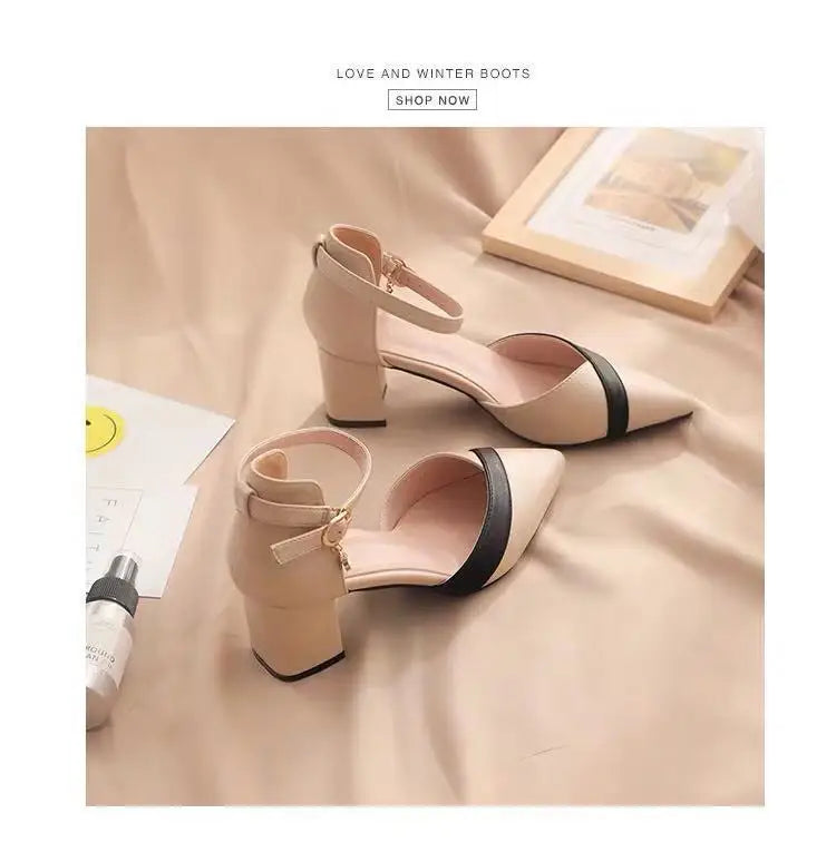 Sapatos femininos clássicos de salto quadrado bege bico fino para festa, senhoras, primavera, verão, fivela preta, couro PU, sapatilhas profissionais