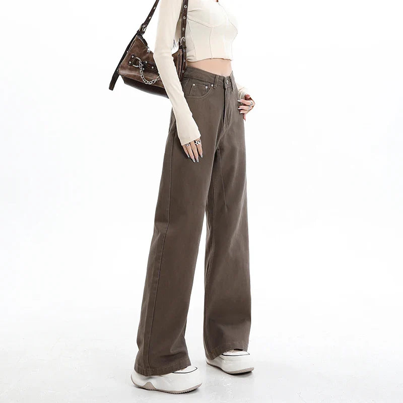 Y2k High Waist Female Clothing Solid Color Casual Wide Denim Trousers