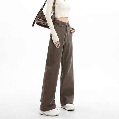 Y2k High Waist Female Clothing Solid Color Casual Wide Denim Trousers