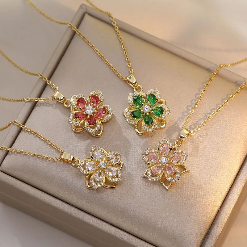 316L Stainless Steel Gold Plated Romantic Rotatable Flower Zirconia Pendant Necklace For Women Girls Charm Luxury Jewelry
