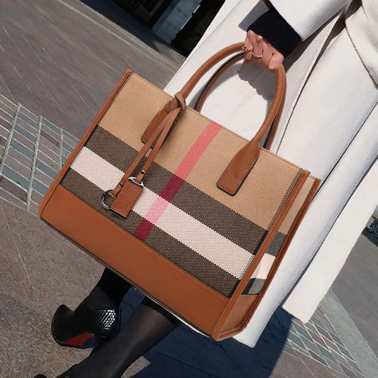 Fashion Plaid Canvas Women's Handbag Classic Versatile Large Capacity Cowhide Single Shoulder Crossbody Bag