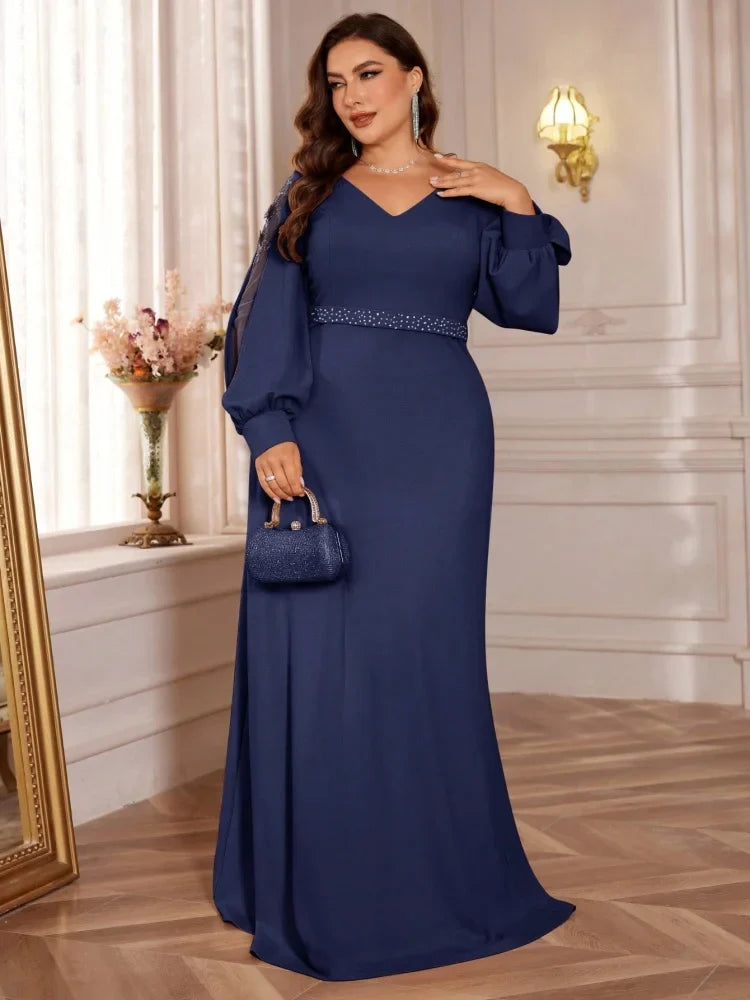Plus Size Elegant Sequin Blue Evening Dress 2025 Women Formal Maxi Prom Long Sleeves Party Dress Luxury Cocktail Bridesmaid Gown