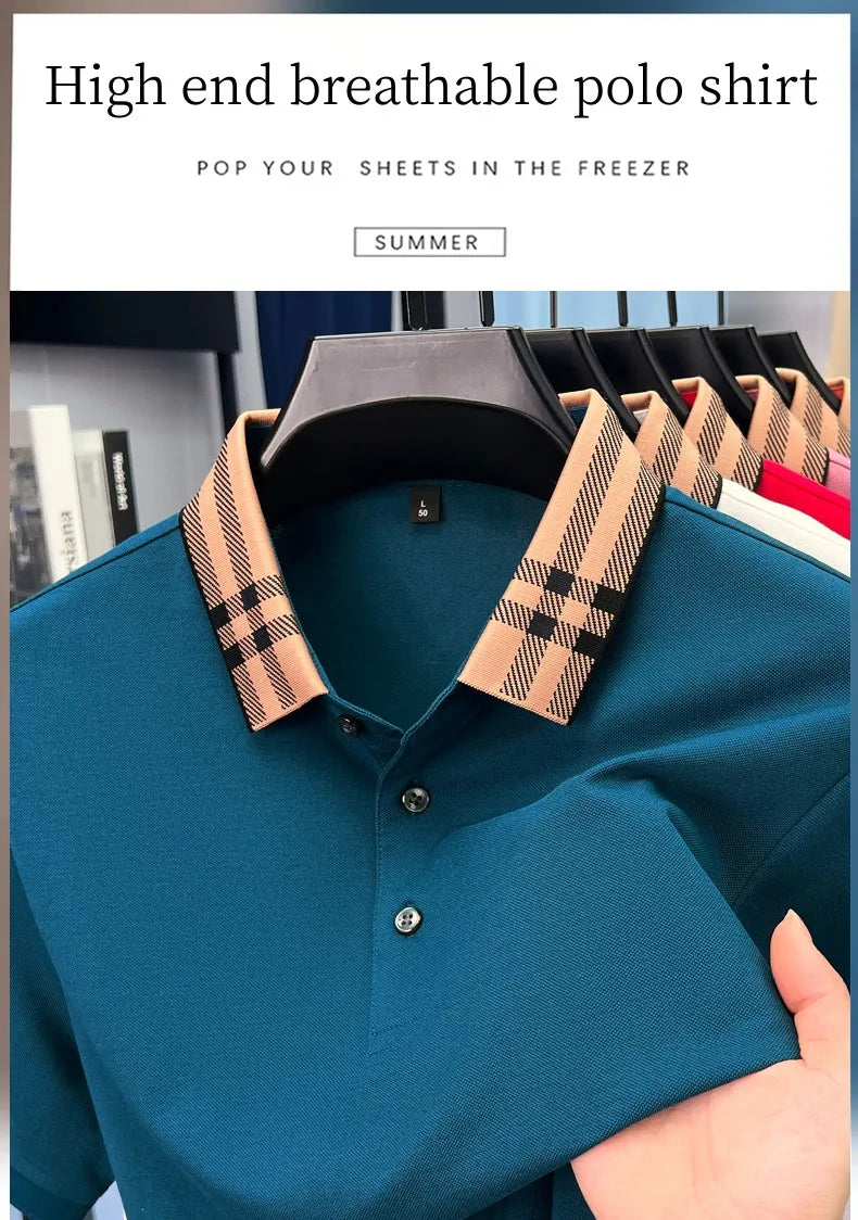 Fashion brand plaid lapel short sleeve polo shirt men summer new style simple solid color high-end business casual golf T-shirt