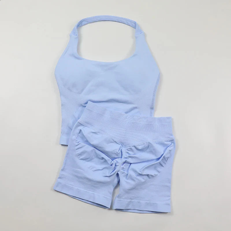 Seamless Yoga Set Womens Backless Halter Tank Top Ribbed Waist Gym Shorts 2 Piece Sets Women Outfit Workout Clothes