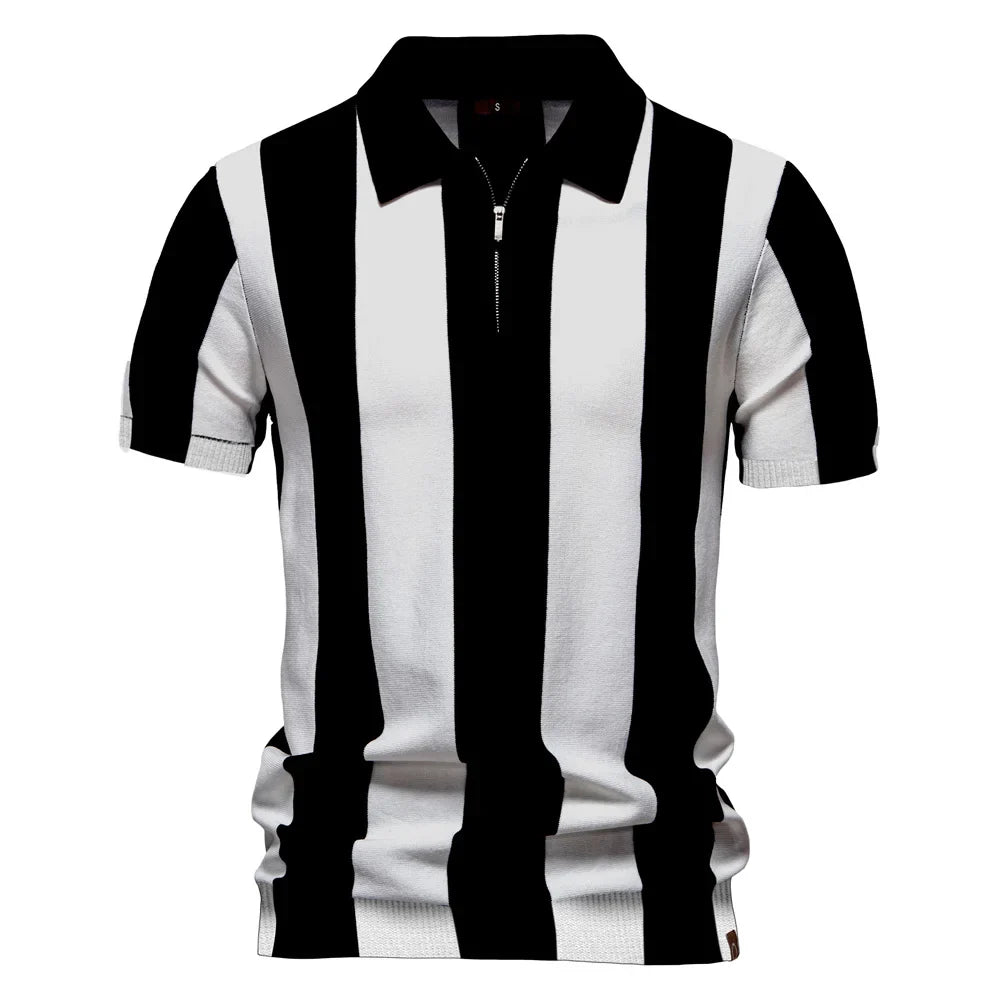 2025 New Summer Men's Breathable Striped Contrast Panel Polo Shirt - Casual Short Sleeve Knit Shirt with Comfort Fit