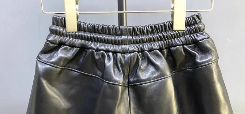 New Autumn Natural Sheepskin Elastic Waist Shorts Skirts A-Line Pocket Wide Leg Casual Above Knee Mini Genuine Leather Skirt 4XL