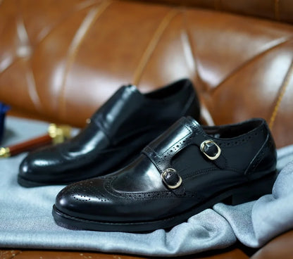 Classic Men Genuine Leather Dress Shoes Brogue Double Buckle Monk Strap Metal Buckle Business Office Wedding Formal Shoes