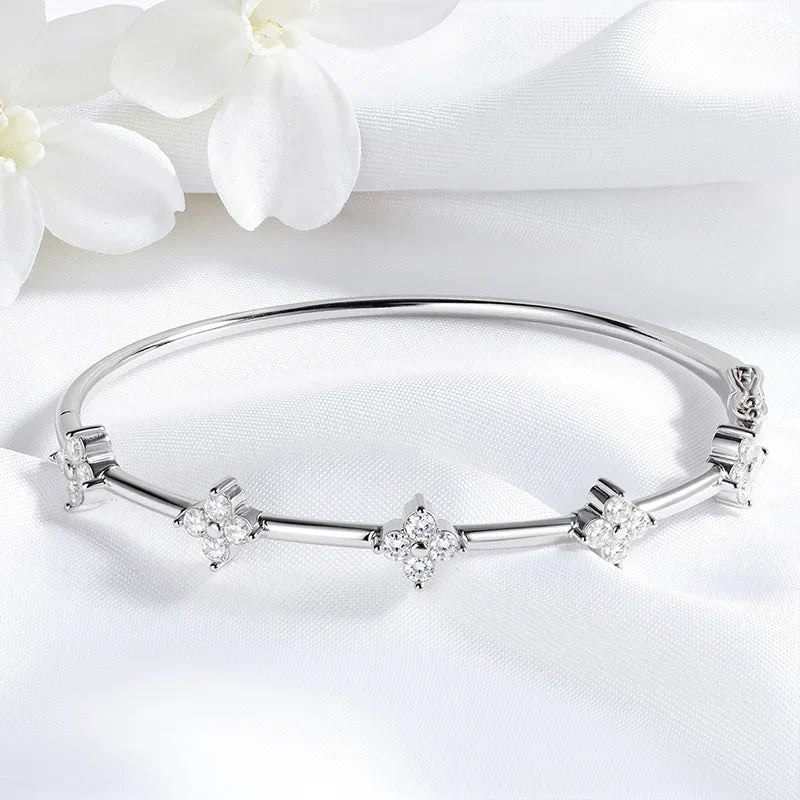 Certified 2.5mm Round Flower Moissanite Bangle for Women Original Pure 925 Sterling Silver Bracelet Luxury Female Jewelry