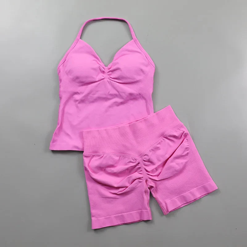 Yoga Longline Strappy Top Leggings Set Women's Backless Camisole Built-In bra Vest High-Waisted Hip Lift Gym Shorts Sports Set