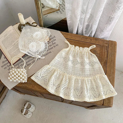 2025 New Summer Girls Lace Hollow Out Ruffled Straps Princess Dress Kids Party Dresses Baby Girls Fashion Summer Outfit