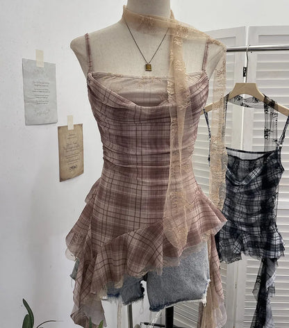 Y2K Plaid Camisole for Women Summer Casual Lace Scarf Breathable Stretch Mesh Patchwork Asymmetrical Ruffle Slim Tops