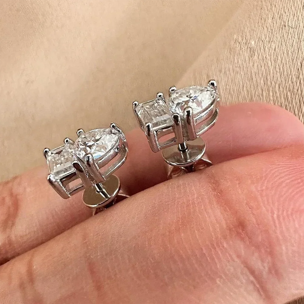 2-stone Heart Emerald Cut Moissanite Stud Earrings D Color Diamond with Certificates 925 Sterling Silver Ear Studs for Women