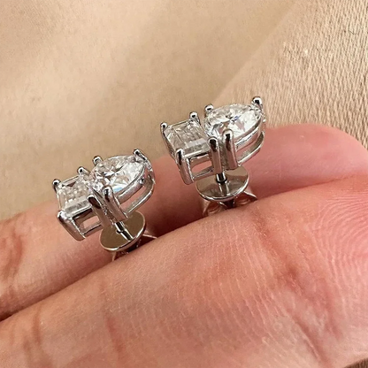2-stone Heart Emerald Cut Moissanite Stud Earrings D Color Diamond with Certificates 925 Sterling Silver Ear Studs for Women