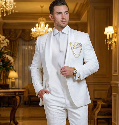 Groomsmen White Pattern Groom Tuxedos Shawl Satin Lapel Men Suits 2 Pieces Wedding Bridegroom