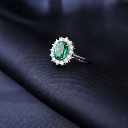 Halo Rings for Women Created Blue Sapphire Nano Emerald Red Ruby Princess Diana 2.67ct Oval Cut 925 Sterling Silver Rings