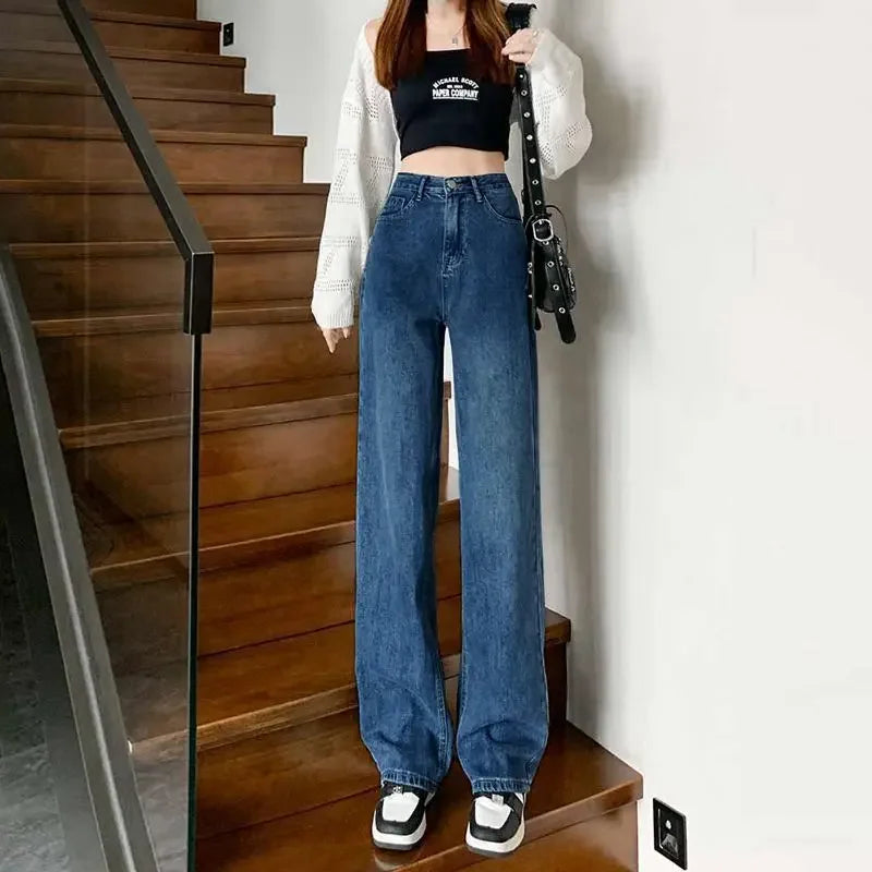 American Style Black Grey Wide-Leg Jeans For Women