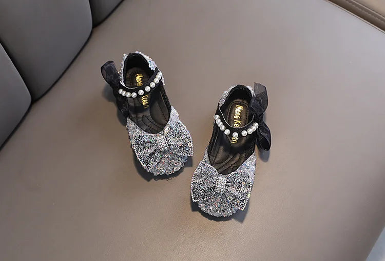 Toddler Girl's Princess Shoes Sequins Lace Bowknot 21-36 Children Mary Janes Three Colors Luxury Trendy Party Kids Shoes Flats