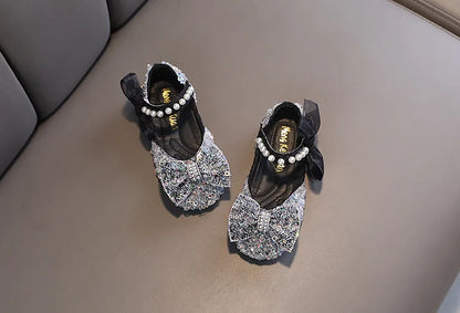 Toddler Girl's Princess Shoes Sequins Lace Bowknot 21-36 Children Mary Janes Three Colors Luxury Trendy Party Kids Shoes Flats