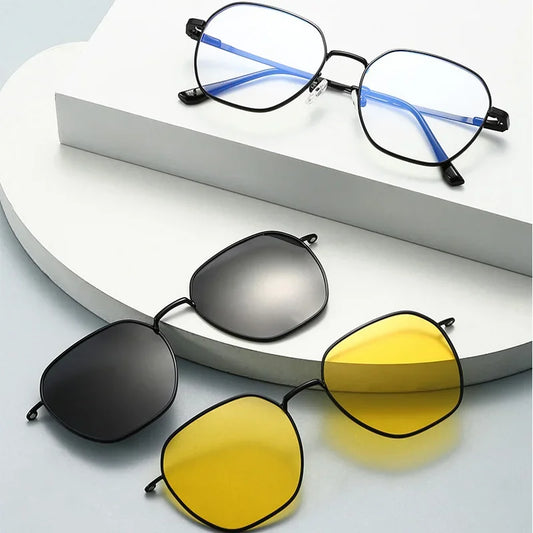 Sunglasses Men Women 3 In 1 Magnetic Clip On Glasses Hexagon Alloy Frame