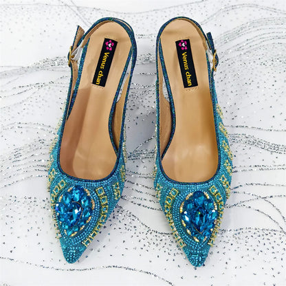 Elegant Rhinestone Pointed Toe Pumps With Matching Bag Set Large Size shoes Big Bag for Women's Party High Heels