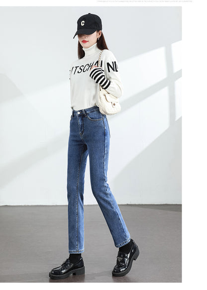 Calça Jeans Feminina Inverno Fleece Quente Reta Slim Elástica Algodão Grosso Quente Denim Moda Roupa Feminina