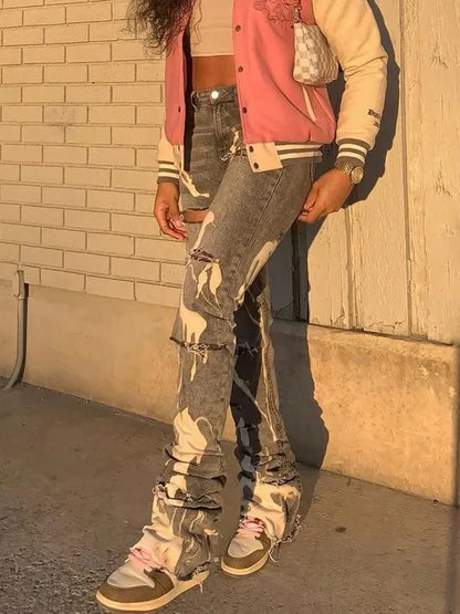 Women Fashion Gray Print High Waist Denim Skinny Trousers