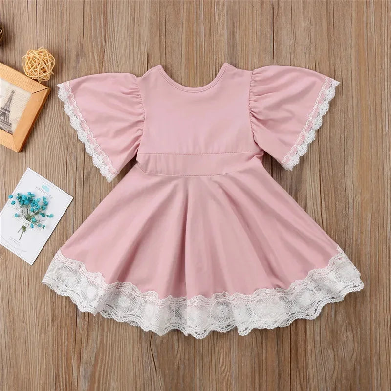 2026 New Casual Vacation Girls Summer Dress Ruffle Lace Baby Girl Princess Dress Children Flower Embroidery Outfits 0-6 Years
