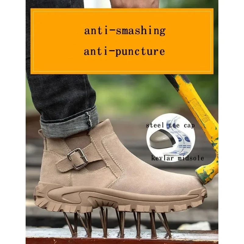 Cowhide and Suede Work Shoes  Outdoor Anti Smashing Safety Desert Boots Chelsea Men's Fashionable Steel Toe Cover Safety Boots