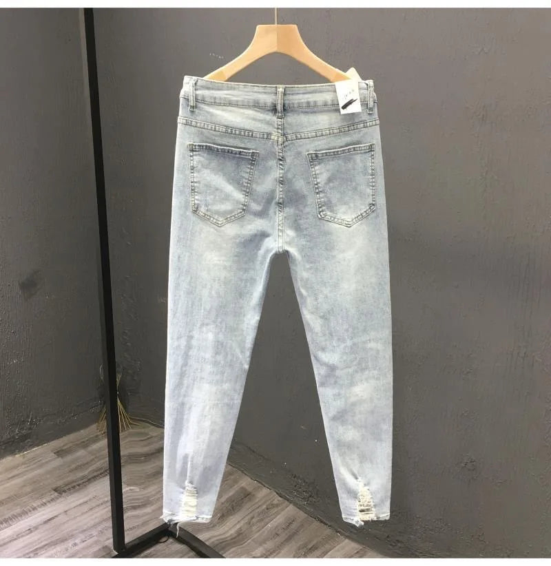 2023 Spring and Autumn New Men's Fashion Solid Color Ripped Jeans Men's Casual Comfort Elastic High-Quality Small Foot Pants