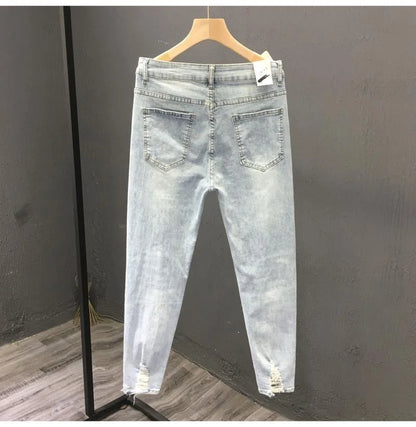 2023 Spring and Autumn New Men's Fashion Solid Color Ripped Jeans Men's Casual Comfort Elastic High-Quality Small Foot Pants
