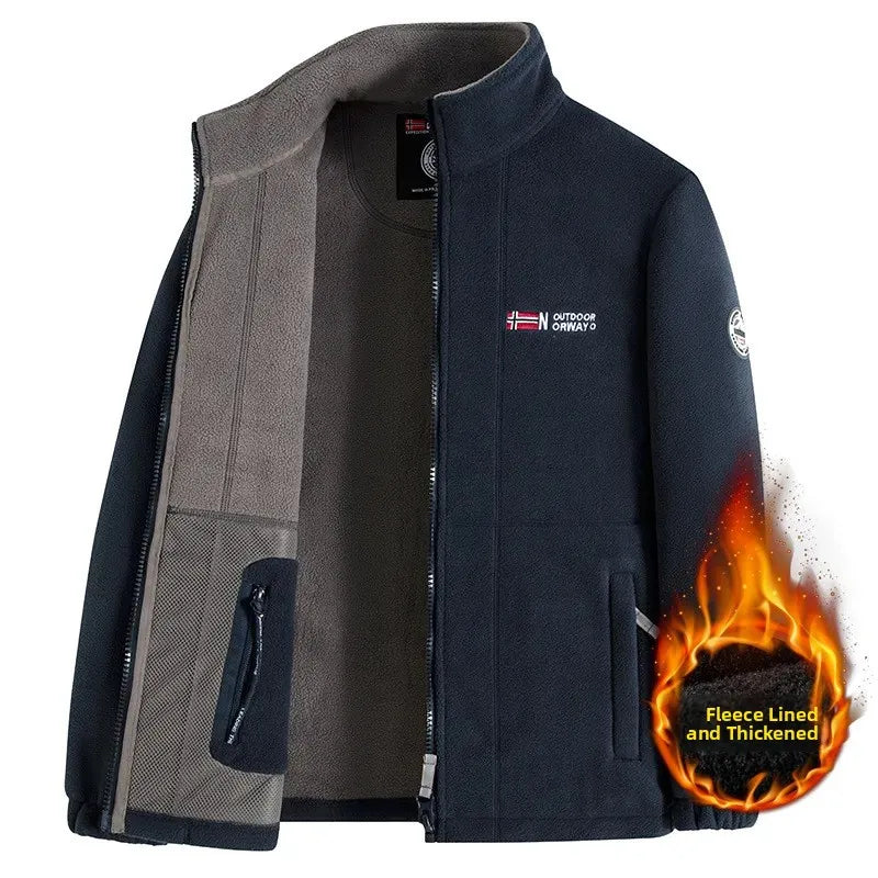 Thickened Fleece Lined Double-sided Fluffy Jacket Men's Autumn Winter Business Casual Outdoor Stand Collar Warmth Zipper Closure