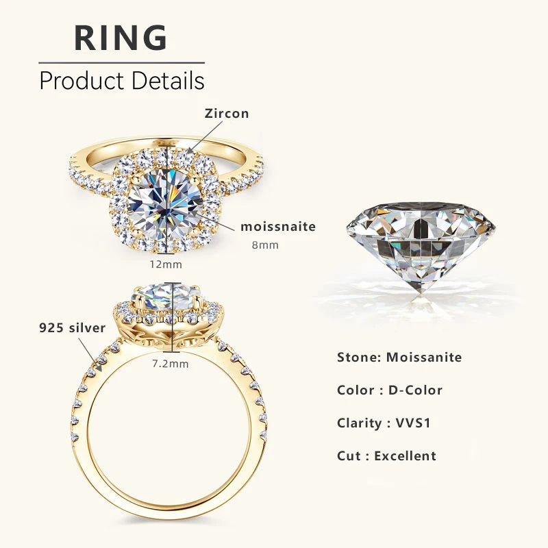 8mm 2ct Moissanite Halo Ring Certified 925 Sterling Silver Engagement Rings For Women Girls Wedding Party Jewelry Gift