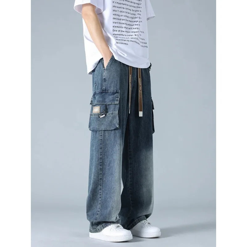 Summer Men's Straight Jeans Multi-Pockets Wide Leg Denim Cargo Pants 8XL 7XL 6XL Big Size Lightweight Baggy Solid Jeans Trousers