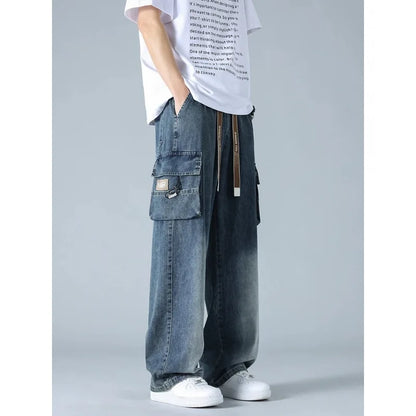 Summer Men's Straight Jeans Multi-Pockets Wide Leg Denim Cargo Pants 8XL 7XL 6XL Big Size Lightweight Baggy Solid Jeans Trousers