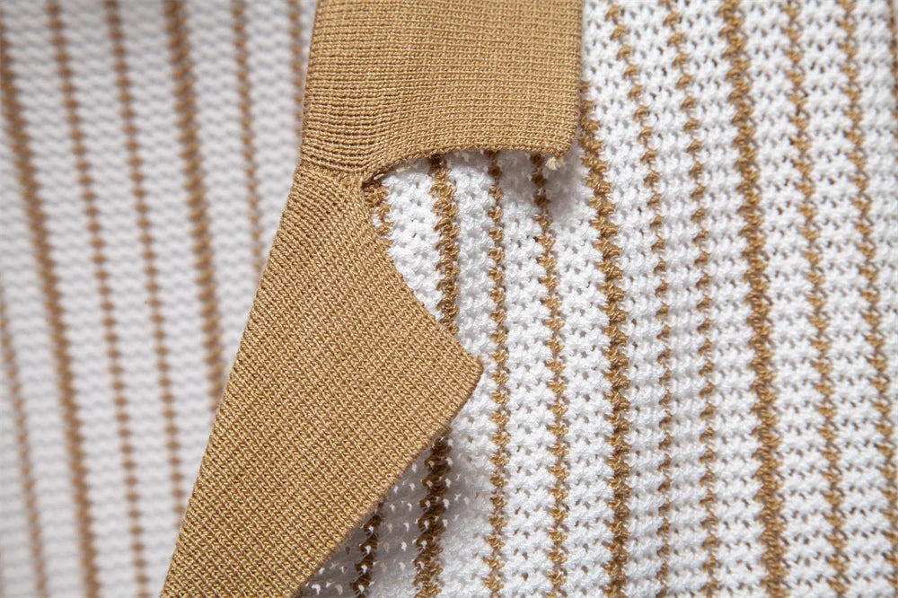 2025 Men's Striped Mesh Polo Shirt - Breathable Contrast Panel Knit Top with Turn-Down Collar