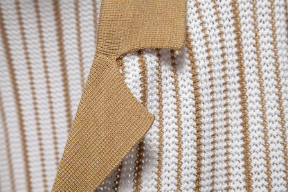 2025 Men's Striped Mesh Polo Shirt - Breathable Contrast Panel Knit Top with Turn-Down Collar